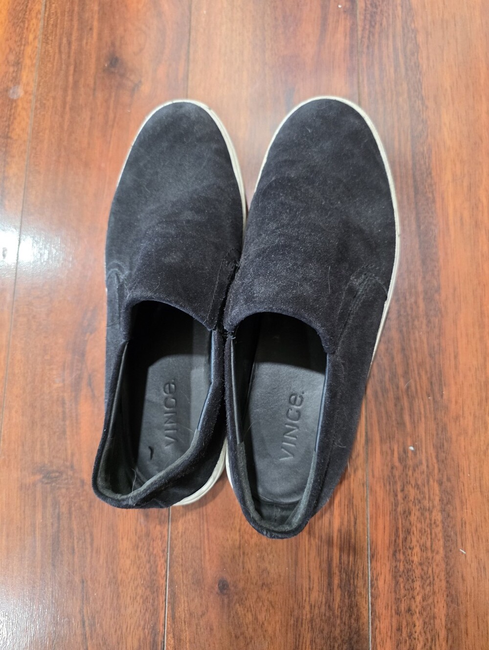 Vince Black Suede Slip-On Loafers with White Trim